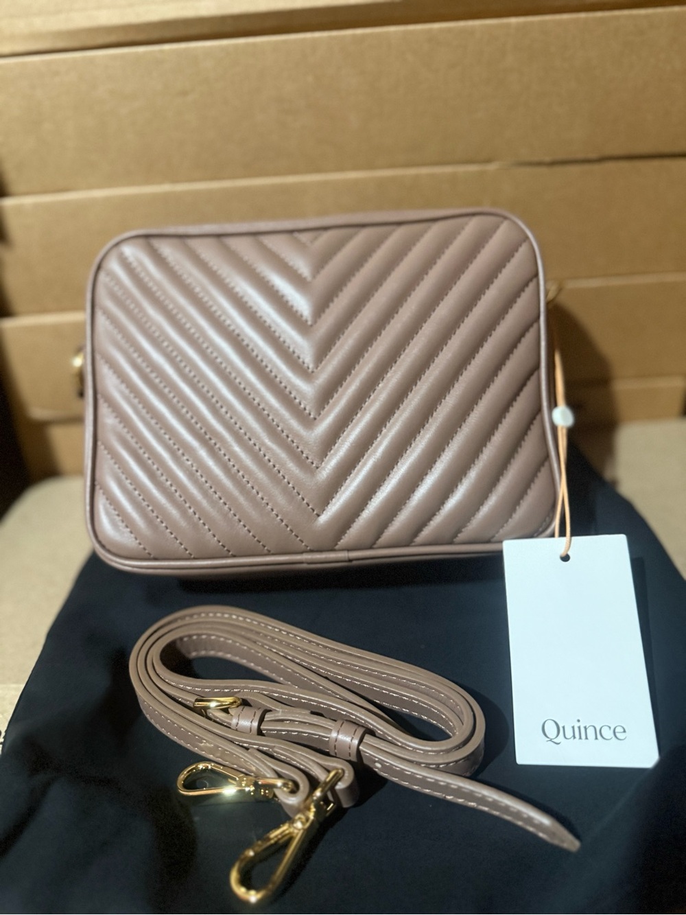 Quince Quilted Crossbody Bag in Taupe Brown
